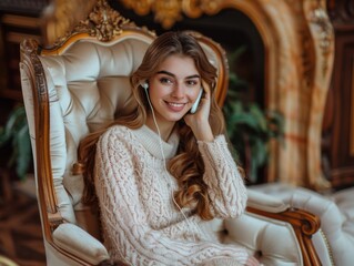 Fototapeta premium A young woman with long hair smiles while talking on the phone, sitting in an ornate chair. She's wearing a cozy sweater in a luxurious setting.