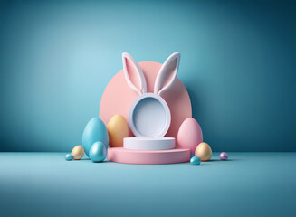 Pastel Easter scene featuring a bunny-shaped display stand with colorful eggs.  Perfect for spring celebrations and holiday promotions.
