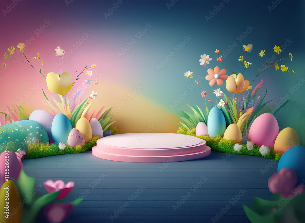 Poster a pastel-colored springtime scene features a circular display platform surrounded by colorful easter