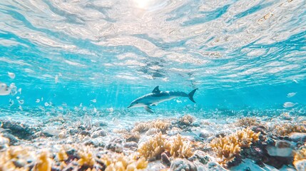 Fototapeta premium Dolphin swimming in coral reef underwater ocean scene
