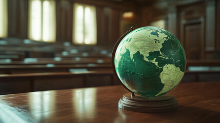 Green Globe Symbolizing Environmental Law and Conservation in Courtroom Setting