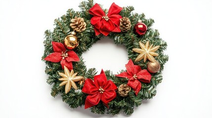 Isolated Christmas wreath with red bows and golden ornaments on a white background