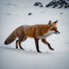 A fox tracking its prey in a snowy mountain landscape.