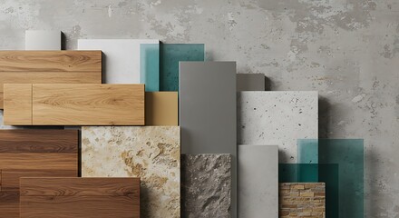 Building materials, textures, design, architecture, construction A collection of various building materials arranged against a textured concrete wall, showcasing different colors and finishes