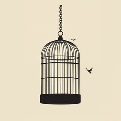 Empty birdcage hanging from chain, free birds flying.
