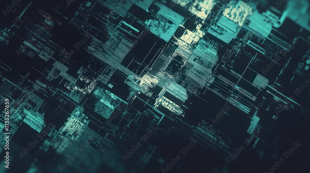 Poster abstract digital data stream: teal and black futuristic tech background
