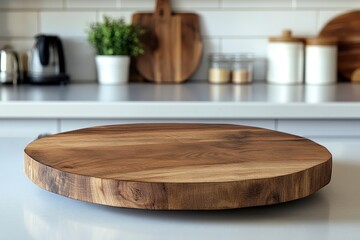 Empty beautiful round wood tabletop counter on interior in clean and bright kitchen background, Ready for display, Banner, for product montage 