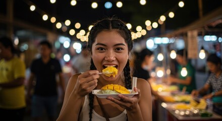 Woman Enjoying Delicious Mango Sticky Rice at Night Market