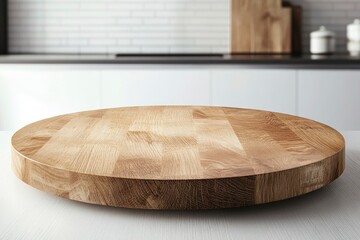 Empty beautiful round wood tabletop counter on interior in clean and bright kitchen background, Ready for display, Banner, for product montage 