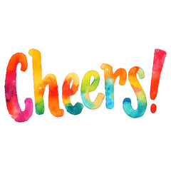 "Cheers!" hand-lettered in vibrant watercolor with a rainbow color gradient. This festive design is perfect for celebrations, parties, social media posts