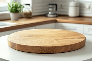 Empty beautiful round wood tabletop counter on interior in clean and bright kitchen background, Ready for display, Banner, for product montage 