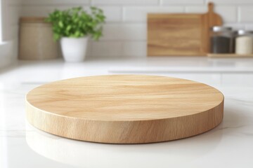 Empty beautiful round wood tabletop counter on interior in clean and bright kitchen background, Ready for display, Banner, for product montage 
