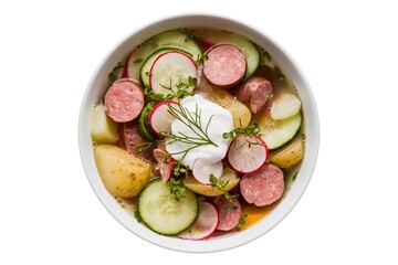 A cold soup with fresh cucumbers, radishes, potatoes, and sausages topped with a dollop of yogurt