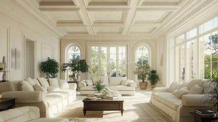 Large living room with a coffered ceiling painted in soft white tones