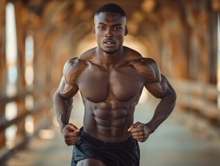 Fototapeta premium Studio shot of a fit young man running with a focused expression over a grey background. The image highlights his muscular physique and athletic form.