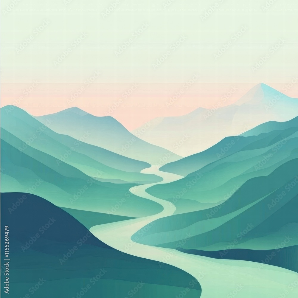 Poster Winding river flows through a serene mountain range with a subtle minimalist aesthetic for text placement. Generative AI