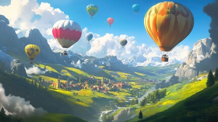 Fototapeta premium A colorful hot air balloon festival over a green valley, capturing the joy and wonder of exploration.