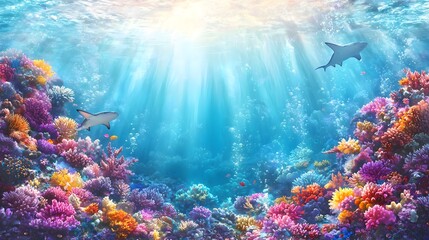 Vibrant Coral Reef Tropical Fish Sharks Underwater Paradise