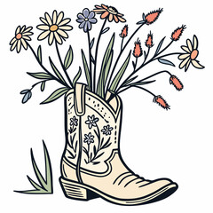  A charming illustration of a cowboy boot used as a vase, holding wild flower sticks, combining rustic and floral elements for a country-inspired design.