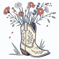  A charming illustration of a cowboy boot used as a vase, holding wild flower sticks, combining rustic and floral elements for a country-inspired design.