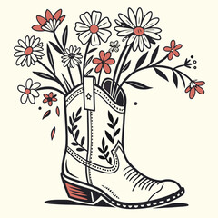  A charming illustration of a cowboy boot used as a vase, holding wild flower sticks, combining rustic and floral elements for a country-inspired design.