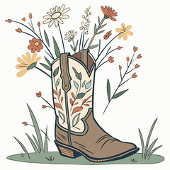  A charming illustration of a cowboy boot used as a vase, holding wild flower sticks, combining rustic and floral elements for a country-inspired design.