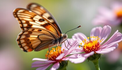 Close-up of a butterfly feeding on a vibrant pink flower