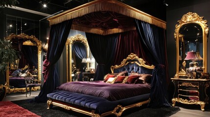 Luxurious bedroom with a velvet canopy bed and elegant gold-framed mirrors
