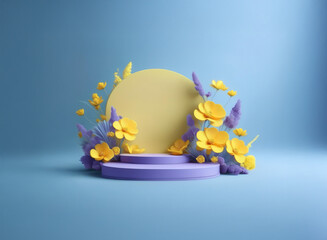 Pastel yellow and purple flowers adorn a minimalist 3D rendered display podium, set against a serene blue backdrop.  Ideal for product showcasing or spring promotions.