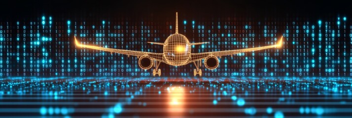Airplane Network, Global Transportation And Logistics Background With Blue Digital Binary Code