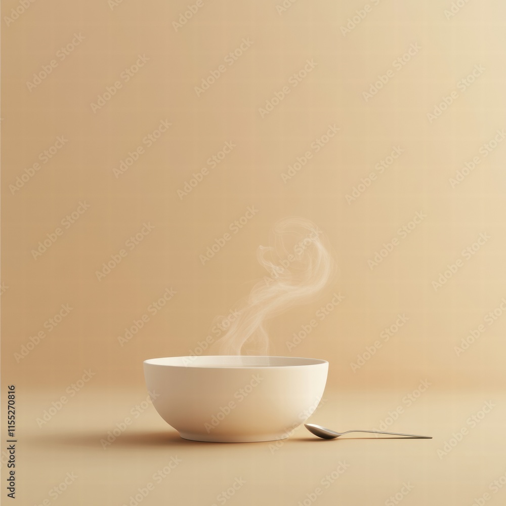 Leinwandbilder warm soup bowl with steam curls and spoon on minimalist background providing perfect copy space for 