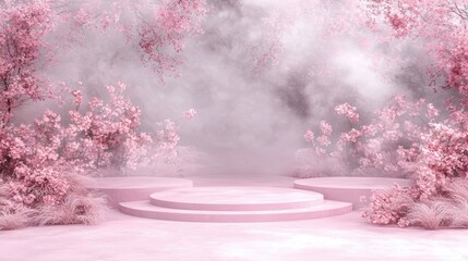 Serene cherry blossom stage ethereal fog nature scene tranquil environment aesthetic view