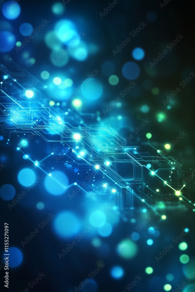 Poster abstract technology digital circuit patterns in blue and green, blurred background for tech vibe
