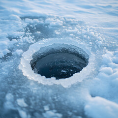 A freshly drilled ice fishing hole on a frozen lake, surrounded by soft snow and icy patterns, perfect for winter sports marketing or adventure-themed visuals. Selective focus