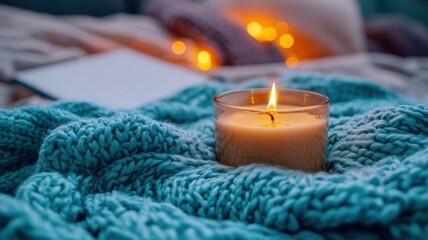Candlelit reflection journal setup cozy bedroom personal wellness intimate setting tranquil atmosphere