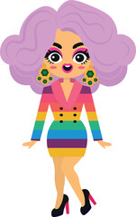 Drag queen artist diva, cute illustration, with clothes with LGBT colors, rainbows
