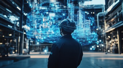 Industrial Worker with Digital Model of a Factory