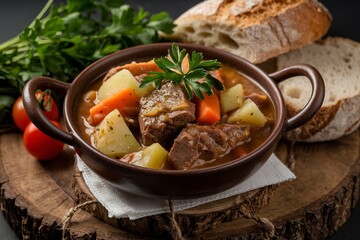 a bowl of hearty stew contains chunks of meat, diced vegetables like potatoes and carrots