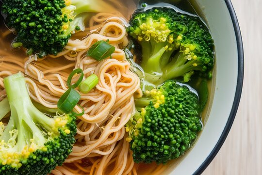 a bowl of golden-yellow noodles in a clear soup