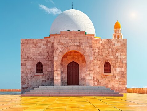 A vibrant, sunlit image of the Mausoleum of Bin Ali in Mirbat, Salalah, Oman, showcasing its intricate stone structure and distinct white dome under a clear blue sky.
