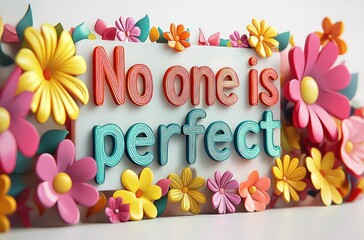 "No one is perfect" on light box, colorful letters, soft lighting, high resolution.