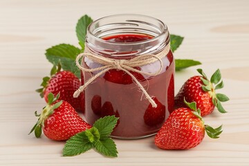 a glass jar filled with red strawberry jam
