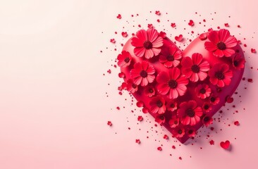 A red voluminous heart from which beautiful rich red flowers grow on a delicate pink background, surrounded by small red flowers and a heart on the right with space for text