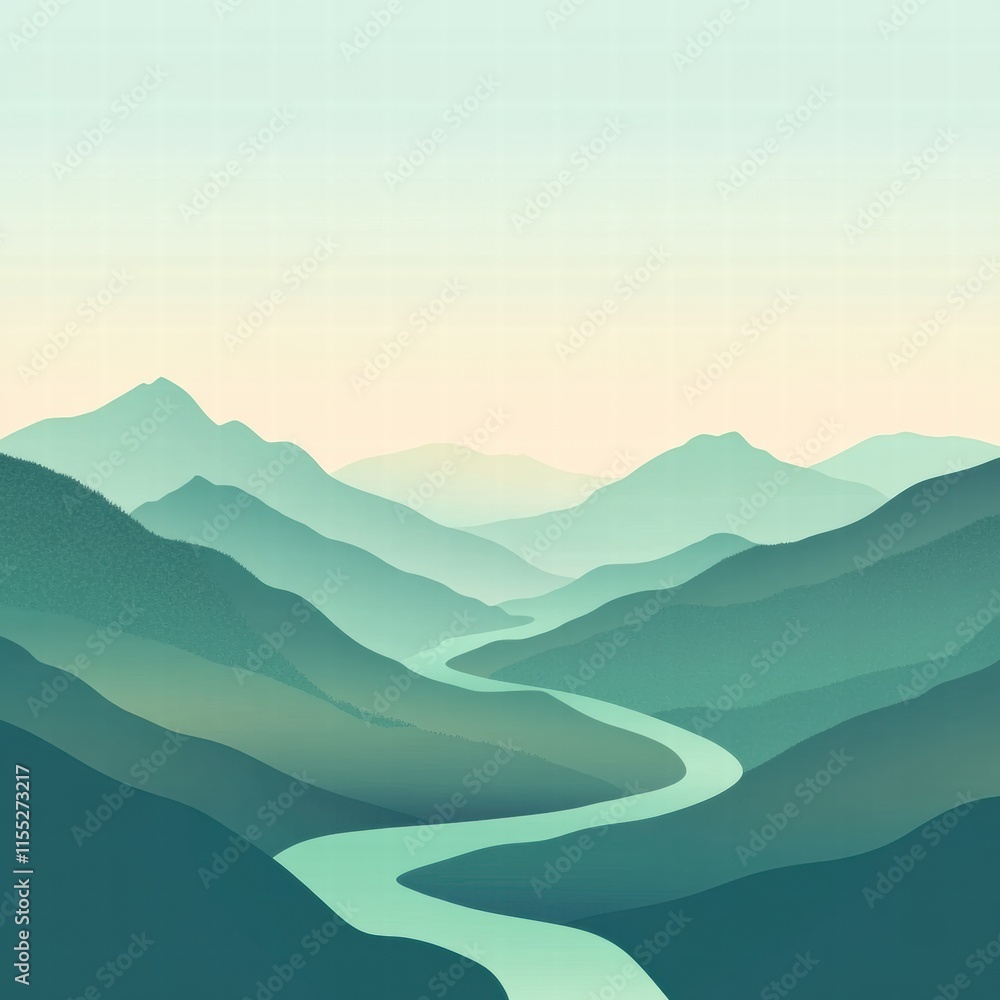 Aufkleber Mountain range with a winding river and minimalist design template for text placement. Generative AI