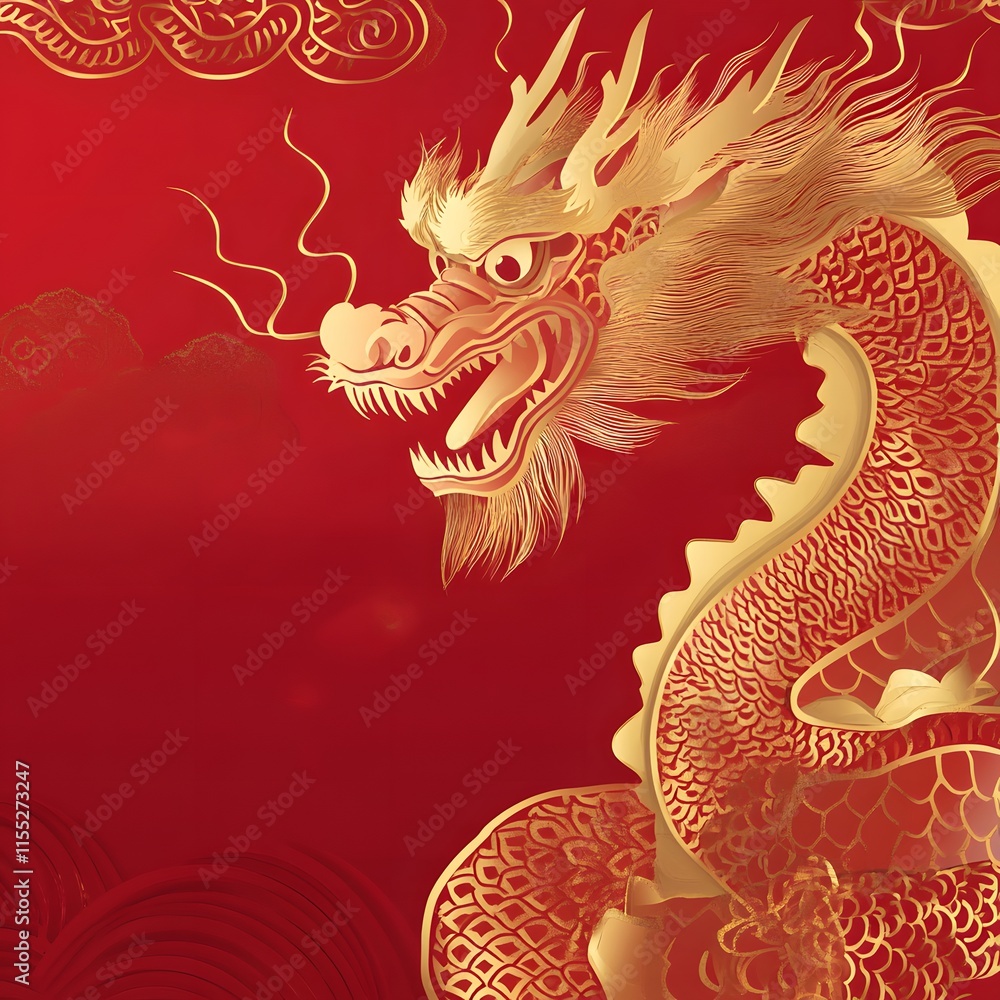 Poster a vibrant red and gold card featuring a chinese dragon and the text 