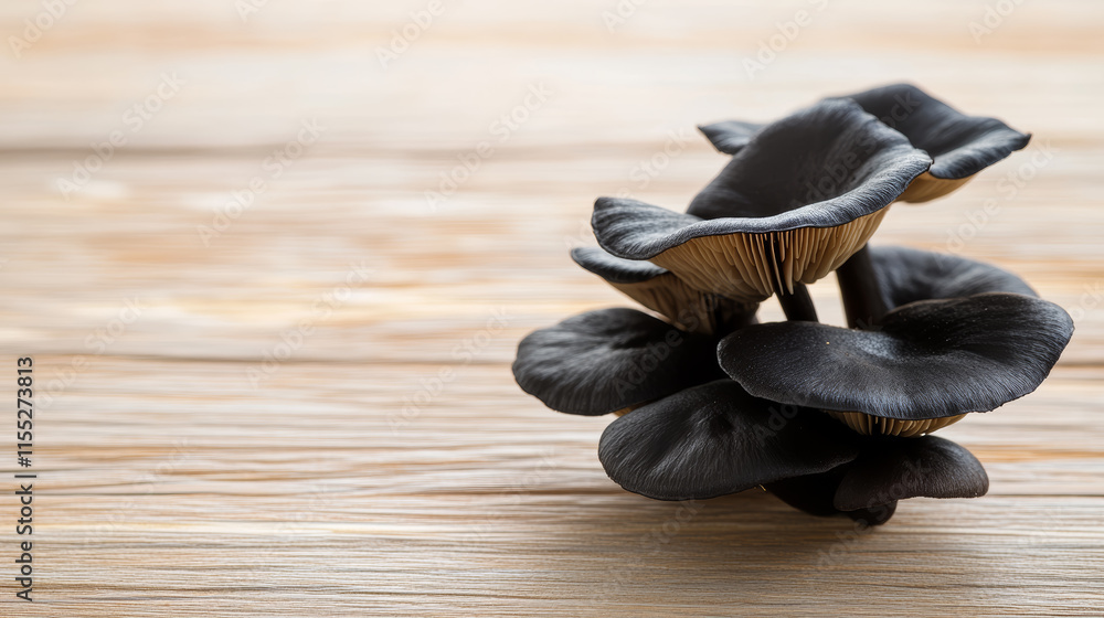 Poster black mushrooms arranged elegantly on a wooden surface showcase their unique shape and texture in a 