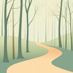 Obraz premium Winding forest path leading through a serene landscape filled with minimalistic trees. Generative AI