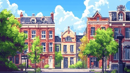 Obraz premium Vibrant Digital Painting: Sunlit Charming Street Scene, Cheerful Summer Day Illustration. AI Generated