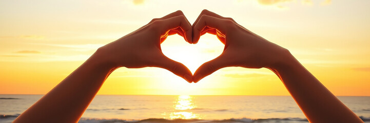 Golden Hour Sunset with Heart-Shaped Hands Over the Ocean