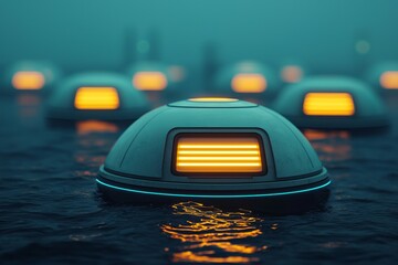 A serene scene featuring floating, dome-shaped structures illuminated by orange lights, set against a misty, tranquil water backdrop.